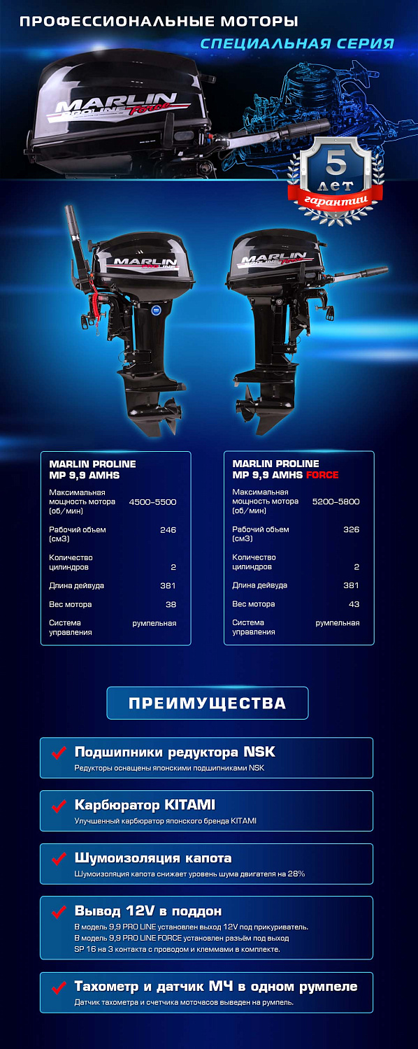 Лодочный мотор MARLIN PROLINE MP 9.9 (20) AMHS FORCE в Архангельске